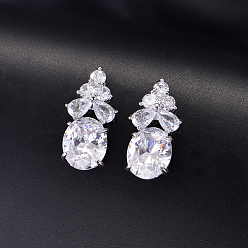 Clear Brass Pave Cubic Zirconia Oval with Flower Stud Earrings for Women, Platinum, Clear, 24x10mm