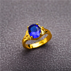 Синий Овальные латунные кольца с кубическим цирконием, золотые, синие, внутренний диаметр: регулируемый