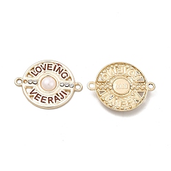 Light Gold Alloy Enamel Connector Charms, with Crystal Rhinestone, Nickel, Flat Round Links with Word, Light Gold, 21x27x3.5mm, Hole: 1.8mm