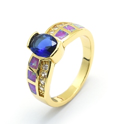 Golden Zirkonia Fingerringe, mit synthetischen Opal- und Messingbefunden, langlebig überzogen, ellipsenförmige, Größe 7, Blau, golden, 17.5 mm