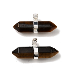 Тигровый глаз Двойные заостренные подвески с натуральным тигровым глазом, граненые брелоки в форме пули с латунными застежками на дужках, стойки покрытие, серебряные, 12.5x32~32.5x9.5 мм, отверстие : 6x4.5 мм