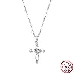 Real Platinum Plated 925 Sterling Silver Pave 5A Clear Cubic Zirconia Pendants, Heart Cross Charms, without Necklace, Rhodium Plated, Real Platinum Plated, 27x15mm