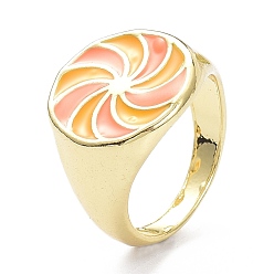 Orange Pinwheel Pattern Alloy Enamel Finger Rings, Light Gold, Orange, 3.5~16.5mm, US Size 7 1/4(17.5mm)