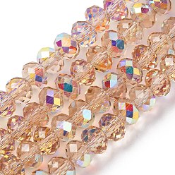 Персиковый Слойка Гальванизируйте прозрачное стекло бисер нитей, рондель, с покрытием AB цвета, с половиным покрытием, граненые, розовые, 6x4 мм, отверстие : 1 мм, около 98~100 шт / нитка, 16.93~18.39'' (43~46.7 см)