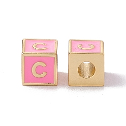 Letter C Стойки покрытие латунь эмаль бисер, без кадмия, без никеля и без свинца, реальный 18 k позолоченный, куб с письмом, розовый жемчуг, letter.c, 6x6x6 мм, отверстие : 2.5 мм