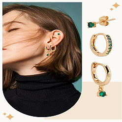 Golden 1 Set Brass & Rhinestone Hoop & Stud Earring Sets, Golden, 13x13.5x2mm, 3pcs/set