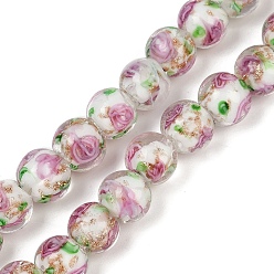 Прозрачный Нити бусин лампворк из песочного золота ручной работы, круглая с цветком, прозрачные, 10 мм, отверстие : 1 мм, около 40 шт / нитка, 14.96'' (38 см)