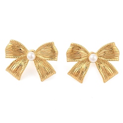 Настоящее золото 18K 304 серьги-гвоздики из нержавеющей стали для женщин, с жемчугом из раковины , бантом, реальный 18 k позолоченный, 23x30 мм