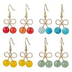 Смешанные камни 4 пары 4 стили серьги-подвески из натурального смешанного камня с бусинами в виде вишни, с  латунными крючками для серег, золотые, 34.5x17 мм, 1 пара / стиль