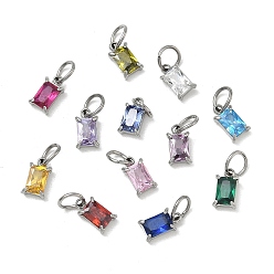 Color de Acero Inoxidable 304 Dijes de acero inoxidable con circonitas cúbicas pavé, encantos de una sola piedra, encantos del rectángulo, color mezclado, color acero inoxidable, 9x5x2 mm, agujero: 4 mm, sobre 12 PC / sistema