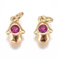 Ярко-Розовый Латунные микро проложить кубического циркония прелести, долговечный, hamsa рука / рука fatima / рука miriam, золотые, ярко-розовый, 9x6x2 мм, отверстие : 3 мм