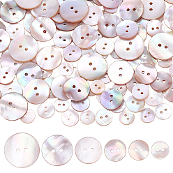 PeachPuff 120Pcs 6 Styles Dyed Natural Shell Buttons, 2-Hole, Flat Round, PeachPuff, 10~20x2mm, Hole: 1.5~2mm, 20pcs/style