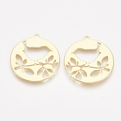 Real 18K Gold Plated Brass Pendants, Flat Round with Bird, Nickel Free, Real 18K Gold Plated, 27x25x1mm, Hole: 1mm