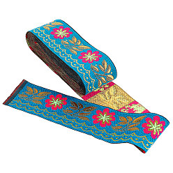 Темно-Голубой Вышивка полиэфирными лентами, жаккардовая лента, аксессуары для одежды, цветочный узор, глубокое синее небо, 51 мм, Около 7 м / пачка