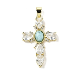 Ларимар Натуральный Larimar подвески, подвески-кресты из латуни с прозрачным кубическим цирконием, реальный 18 k позолоченный, долговечный, стойки покрытие, 39x25x4.5 мм, отверстие : 6x4 мм