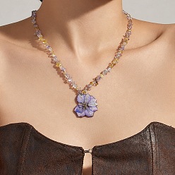 Lilac Resin Dried Flower Pendant Natural Amethyst Chip Beaded Necklaces for Women, with 316L Surgical Stainless Steel End Chains, Golden, Lilac, 15.75 inch(40cm), pendant: 32mm