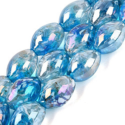 Deep Sky Blue Handmade Lampwork Beads Strands, Oval, Rainbow Color Plated, Deep Sky Blue, 15~16.5x10~11mm, Hole: 0.7~1.2mm, about 25pcs/strand, 14.96~15.16 inch(38~38.5cm)