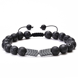 Gray Natural Lava Rock & Synthetic Hematite Arrow Braided Bead Bracelet, Essential Oil Gemstone Jewelry for Women, Gray, 7~11-3/4 inch(17.78~29.972cm)