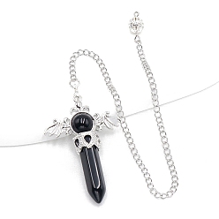 Obsidian Natural Obsidian Dowsing Pendulum Big Pendants, with Platinum Plated Metal Findings, Hexagonal Angel Scepter Charm, 320mm