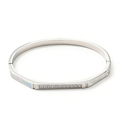 Stainless Steel Color Shell Oval and Cubic Zirconia Hinged Bangle, 304 Stainless Steel Jewelry for Women, Stainless Steel Color, Inner Diameter: 1-7/8x2-1/4 inch(4.7x5.7cm)