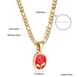 Roja 304 Collares para mujer con colgante ovalado de flor de rosa en acero inoxidable esmaltado., dorado, rojo, 18.11 pulgada (46 cm)