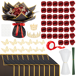 (52) Непрозрачная лаванда Наборы для самостоятельного изготовления букетов из искусственных роз из ткани., включая пластиковый стебель и оберточную бумагу., Полиэстеровая оберточная упаковка и лента, наклейки для домашних животных и алюминиевая корона, разноцветные, 300x2 мм