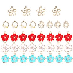 Light Gold Alloy Enamel Pendants, with Acrylic and Crystal Rhinestone, Round Ring with Flower, Colorful, Light Gold, 36pcs/box