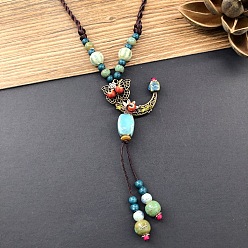 Античная Бронза Длинные ожерелья с подвеской в виде луны из сплава и фарфора в этническом стиле для женщин, красочный, античная бронза, 27.56~29.53 дюйм (70~75 см)
