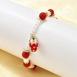 Клубника Латунь браслеты простирания, с эмалевыми подвесками и пластиковыми бусинами с имитацией жемчуга и стеклянными бусинами, стойки покрытие, золотые, клубника, внутренний диаметр: 1-7/8 дюйм (4.8 см)