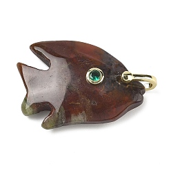 (RRHB277) Кристалл на подкладке из медово-бежевого цвета Резные подвески из натурального индийского агата, Подвески в виде рыбок с фианитами и латунной фурнитурой, золотые, стойки покрытие, 32~33.5x23.5~24.5x8~8.5 мм, отверстие : 5x6 мм