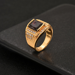 Red 201 Stainless Steel Micro Pave Cubic Zirconia Finger Rings for Men, Square, Golden, Red, 23x20mm, Inner Diameter: 18~20mm
