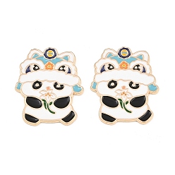 Blue Chinese Lion Dance Panda Alloy Enamel Cabochons, with Self Adhesive Sticker, Light Gold, Blue, 33x27x1.5mm