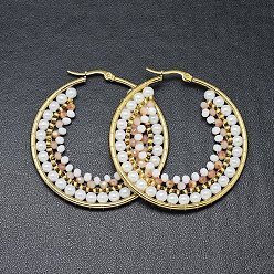 Белый Серьги из 304 нержавеющей стали, серьги-кольца с бусинами, со стеклянными бусинами, кольцо, золотые, белые, 51.5x49x4 мм