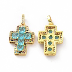 Cyan Brass Micro Pave Clear Cubic Zirconia Pendants, Cross, Religion, Cyan, 24x17x5mm, Hole: 3.5x5~5.5mm