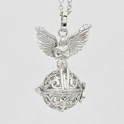 Platinum Brass Hollow Cage Pendants, For Chime Ball Pendant Necklaces Making, Round with Angel, Cadmium Free & Nickel Free & Lead Free, Platinum, 44x30x24mm, Hole: 4x9mm, inner diameter: 18mm