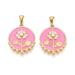 Ярко-Розовый 304 подвески из нержавеющей стали, эмали и искусственного жемчуга из АБС-пластика, плоские круглые и цветочные подвески, золотые, ярко-розовый, 27.5x22x5 мм, отверстие : 7.5x2.5 мм