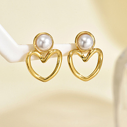 Сердце Серьги шпилька нержавеющая сталь, реальный 18 k позолоченный, с имитацией жемчуга, сердце, 23x17 мм