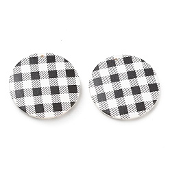 Black Schima Wood Double-faced Printed Pendants, Flat Round with Tartan Pattern Charms, Black, 39.5~40x5~5.5mm, Hole: 1.6mm