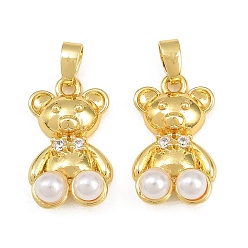 Real 18K Gold Plated Brass Micro Pave Clear Cubic Zirconia Pendants, with ABS Imitation Pearl, Bear Charms, Real 18K Gold Plated, 18x11x6mm, Hole: 5x2.5mm