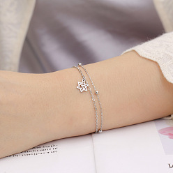 Stainless Steel Color 304 Stainless Steel Star of David Chai Charm 2-Strand Chain Bracelets for Women, Stainless Steel Color, 6.69 inch(17cm)