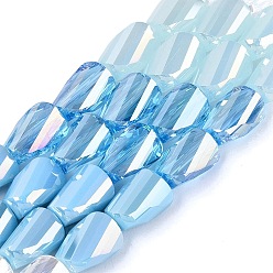 Himmelblau Galvanisierte Glasperlenstränge in verschiedenen Stilen, Twist, facettiert, Himmelblau, 9~9.5x6~6.5x4~5 mm, Bohrung: 1~1.4 mm, ca. 42~50 Stk. / Strang, 15.16~18.11 Zoll (38.5~46 cm)
