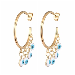 Sky Blue 304 Stainless Steel Dangle Stud Earrings, Half Hoop Earrings, with Brass Enamel Charms and Ear Nuts, Evil Eye, Golden, Sky Blue, 44x33x4mm, Pin: 0.8mm