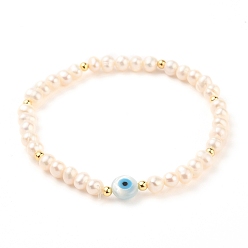Seashell Color Natural Pearl Beads Stretch Bracelets, with Brass Beads, Natural White Shell Beads and Synthetic Turquoise, Evil Eye, Seashell Color, Inner Diameter: 2-1/2 inch(6.5cm)