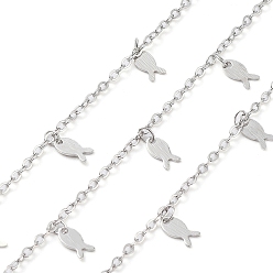 Платина Железные тросовые цепи ручной работы, с латунными подвесками-рыбками, пайки, с катушкой, платина, 2.5x2x0.4 мм, около 16.40 футов (5 м) / рулон