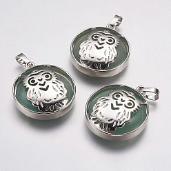 Green Aventurine Natural Green Aventurine Pendants, with Platinum Tone Brass Findings, Flat Round with Owl, 31.5x27x6mm, Hole: 5x8mm