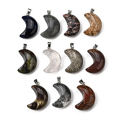 Смешанные камни Природные смешанные подвески драгоценных камней, подвески в виде луны 304 с защелками из нержавеющей стали, цвет нержавеющей стали, 34~34.5x23~23.5x12~12.5 мм, отверстие : 6.5x4 мм