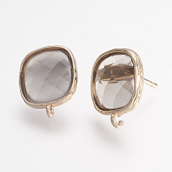 Светло-коричневый Латунные серьги-гвоздики из циркония, с петлей, кошачий глаз, квадратный, граненые, золотой свет, загар, 17 мм, отверстия: 1 мм, штифты: 0.7 мм