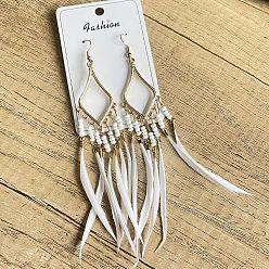 Белый Серьги-люстры в стиле бохо с перьями из сплава стеклянных бусин и ромбами, золотые, белые, 120 мм