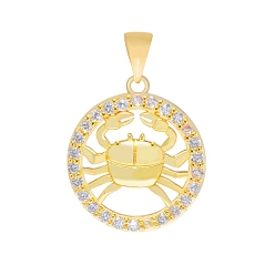 Cáncer Micro latón allanan colgantes cúbicos del zirconia, colgante redondo plano con constelación, real 18 k chapado en oro, cáncer, 16 mm