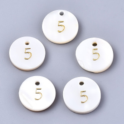 Number Подвески из натуральных пресноводных ракушек, плоский круглый с золотым блокирующим номером, кол. 5, 11x2 мм, отверстие : 1.5 мм